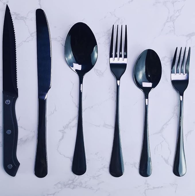 Black Cutlery Set for 4 Silverware Stainless Steel Flatware 24 Piece Fork Spoon Knives Perferct for Parties Restaurant Everyday Kitchen Utensils Mirror Polished