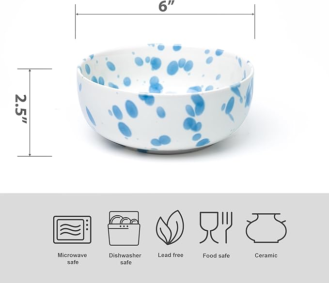 Junko Cereal Bowls Set of 4-36 Ounce Ceramic Bowls, Japanese Noodle Bowl Set, Ceramic Bowls for Kitchen, Breakfast, Oatmeal, Microwave and Dishwasher Safe (Splash Blue)