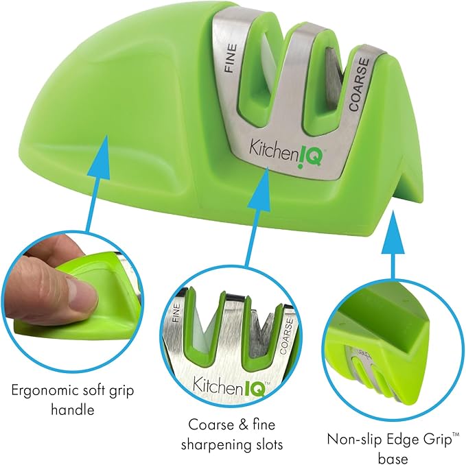 KitchenIQ 50881 - Edge Grip 2-Stage Knife Sharpener - Green - Coarse & Fine Sharpeners -Compact for Easy Storage - Stable Non-Slip Base - Soft Grip Rubber Handle - Straight & Serrated Knives