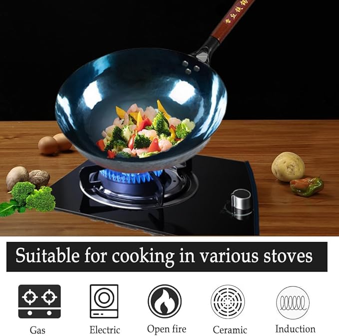 14 Inch Chinese Hand Hammered Iron Wok and Stir Fry Pans with Wooden Handle and Lid Round Bottom Wok Pan Non-stick No Coating Ideal for Home Use and Gift Giving