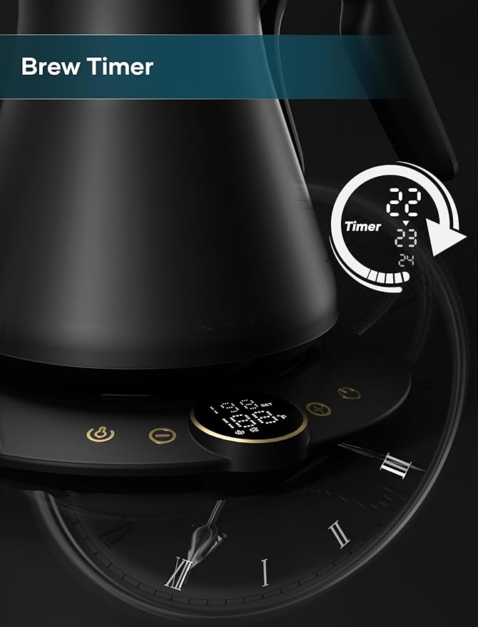 Gooseneck Electric Kettle with ±1℉ Temperature Control for Pour Over Coffee & Tea, Quick Heating, BPA-Free Stainless Steel, Built-in Brew Timer, 1500W/0.9L (Ebony Black)