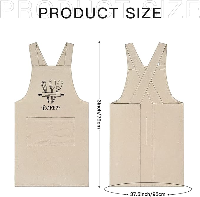 Cotton Linen Apron Non-tie Cross Back Kitchen Apron with Pockets Soft Comfortable Durable for Cooking Baking Gardening (Khaki,Bakery)