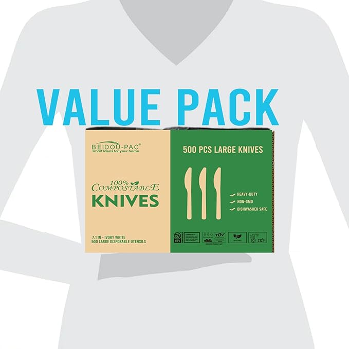 Compostable Knives 500 Count, 7 In Large Disposable Biodegradable Flatware, Eco Friendly Durable Heat Resistant Cutlery Silverware Alternative to Plastic Knives, BPI Certified