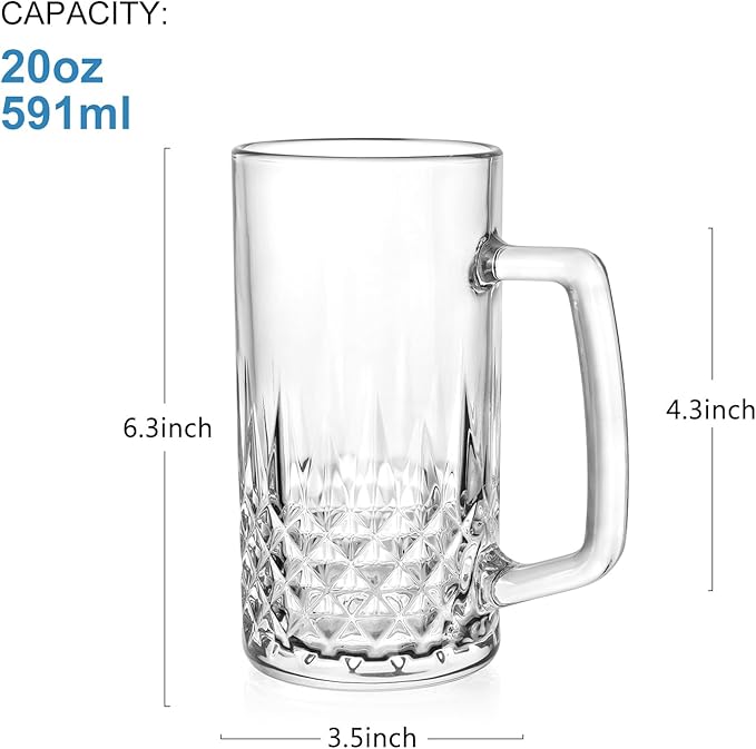 Beer Mugs For Freezer, 20 oz Large Heavy Glass Mugs with Handles Set of 2, Clear Large Beer Steins for Tea, Coffee, Lead-Free Glasses Oktoberfest Style, Best Gifts for Dad Husband or Friend