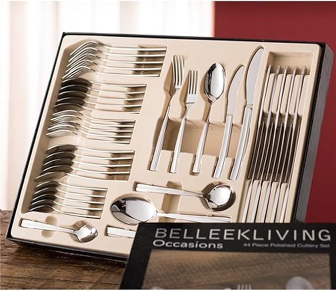 Belleek Occasions 44-Piece Cutlery Set - Polished 18/10 Stainless Steel Flatware Set - Dishwasher Safe Utensils