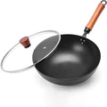 11 Inch Iron Wok, Cold-Forged Iron Wok with Glass Lid, Heavy-Duty Stir Fry Pan, Round Bottom Wok Pan with Wooden Handle for Gas Stoves and Round-Bottom Induction Stovetop