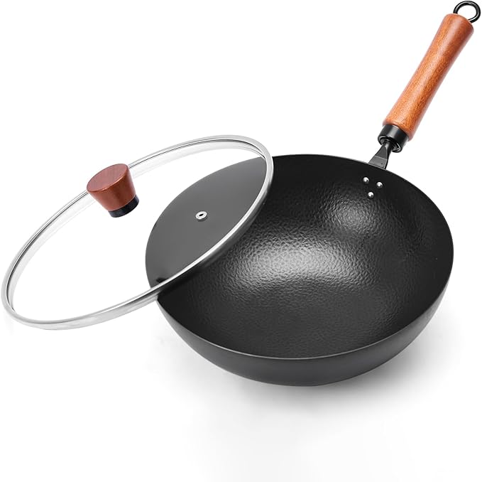 11 Inch Iron Wok, Cold-Forged Iron Wok with Glass Lid, Heavy-Duty Stir Fry Pan, Round Bottom Wok Pan with Wooden Handle for Gas Stoves and Round-Bottom Induction Stovetop