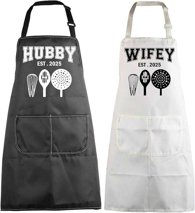 MBMSO Hubby Wifey Cooking Aprons for Couples Apron Sets Hubby and Wifey Est.2025 Wedding Gift for Newlywed His and Hers Apron