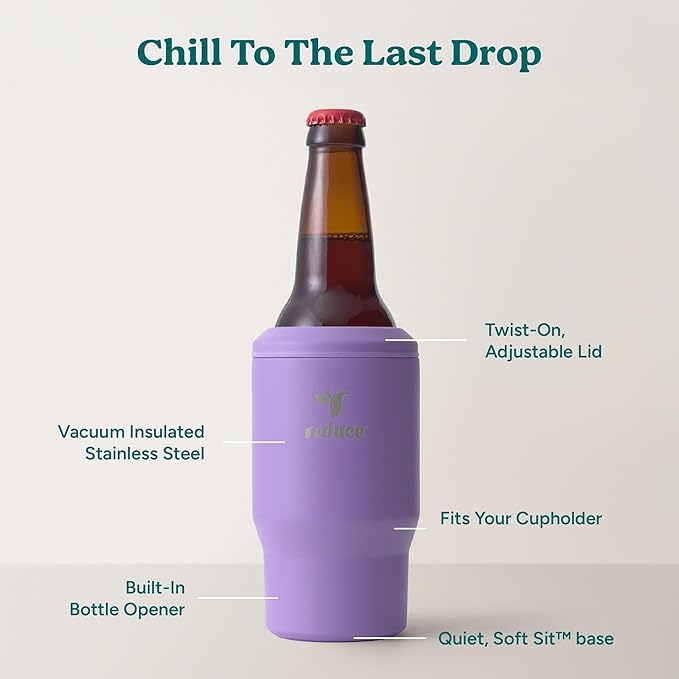 Reduce 4-in-1 Drink Cooler - Versatile Can & Bottle Holder with Vacuum Insulation - Keeps Drinks Cold Up to 4 Hours - Includes Bottle Opener - Fits Cupholders & Dishwasher Safe - 14oz - Purple Punch