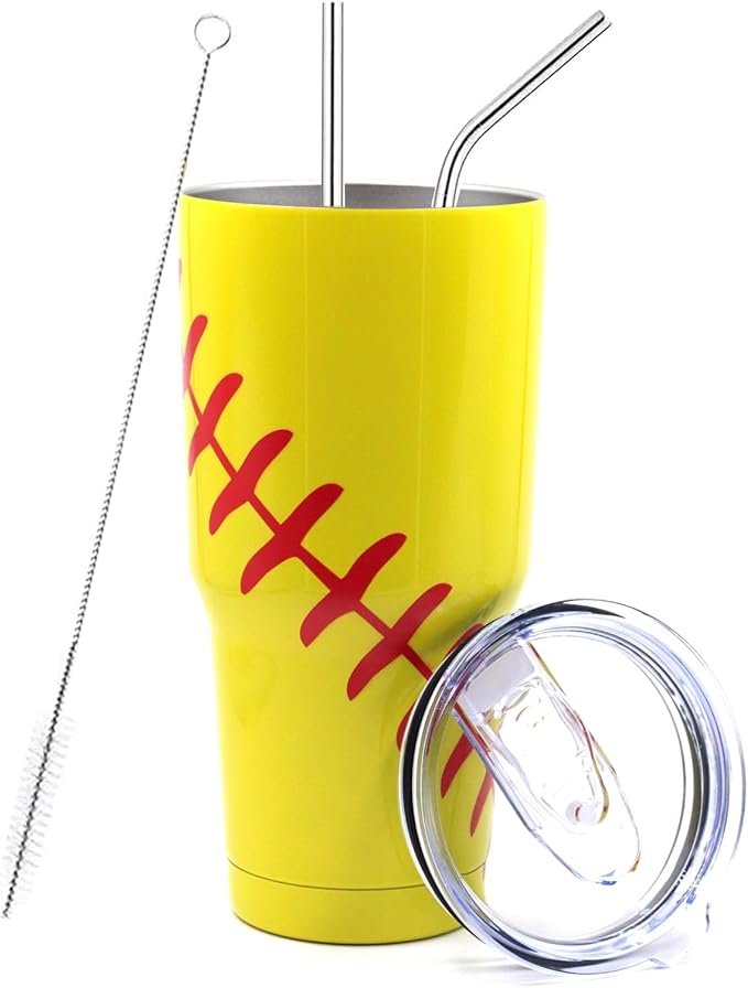 FMYWZS 30 oz Softball Tumbler, Double Wall Vacuum Insulated Stainless Steel Cup Travel Mug with Lid and Straw, Softball Accessories Stuff Gifts for Mom Men Boys Girls