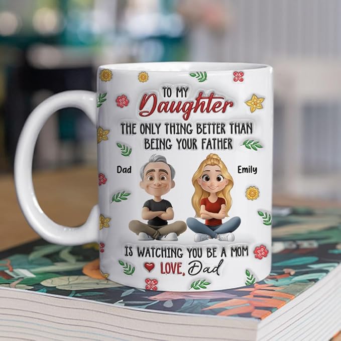 Wrappiness Daughter Mothers Day Personalized Gifts from Dad - To My Daughter Mug Custom Chibi Art and Name, Happy First Mothers Day Coffee Cup for Her - Watching You Be A Mom Gifts for New Mama