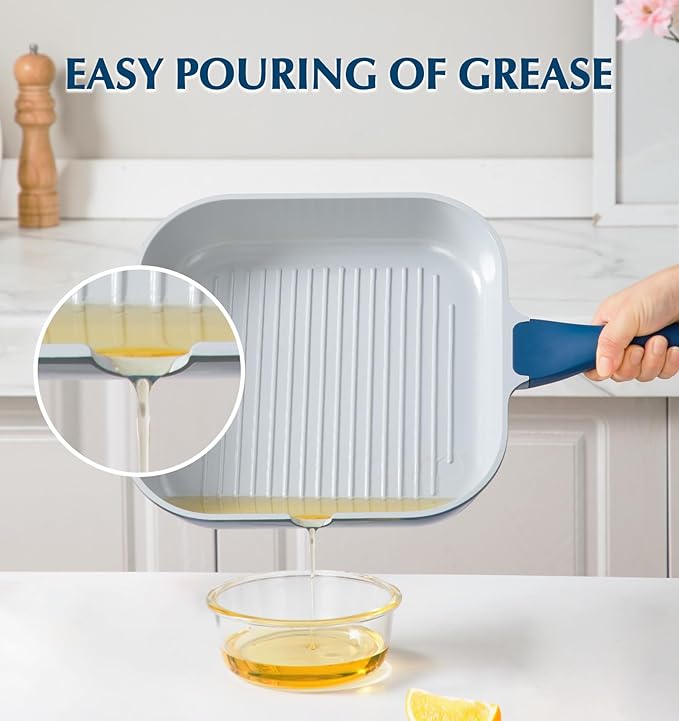 KOCH SYSTEME CS 9.5 Inch Nonstick Grill Pan for Stove Tops, Square Griddle Pan with Pour Spouts, Grill Pan for Indoor Cooking, Grill Skillet with Bakelite Handle, PTFE & PFOA Free, Blue