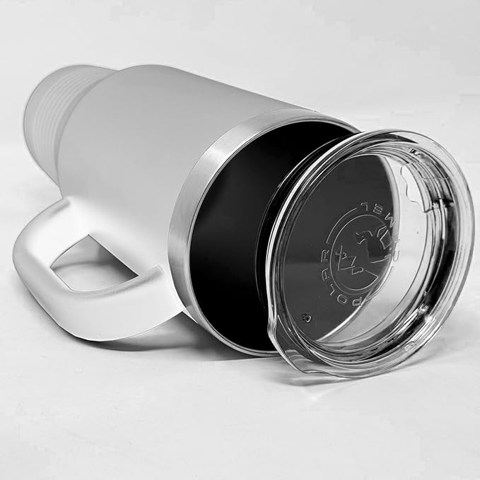 LaserGram 40oz Vacuum Insulated Travel Mug with Handle, Tiki Statue, Personalized Engraving Included (White)