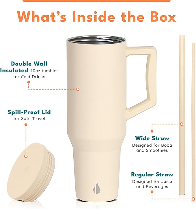 Elemental 40 oz Tumbler with Handle and Straw - Spill Proof Insulated Stainless Steel Commuter for Hot and Cold Beverages - Travel Coffee Mug with 2 Straws & Spill Proof Lid - 40oz - Beige
