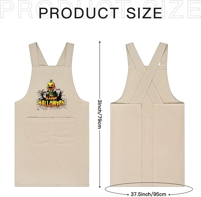 Cotton Linen Apron Non-tie Cross Back Kitchen Apron with Pockets Soft Comfortable Durable for Cooking Baking Gardening (Khaki,Halloween)