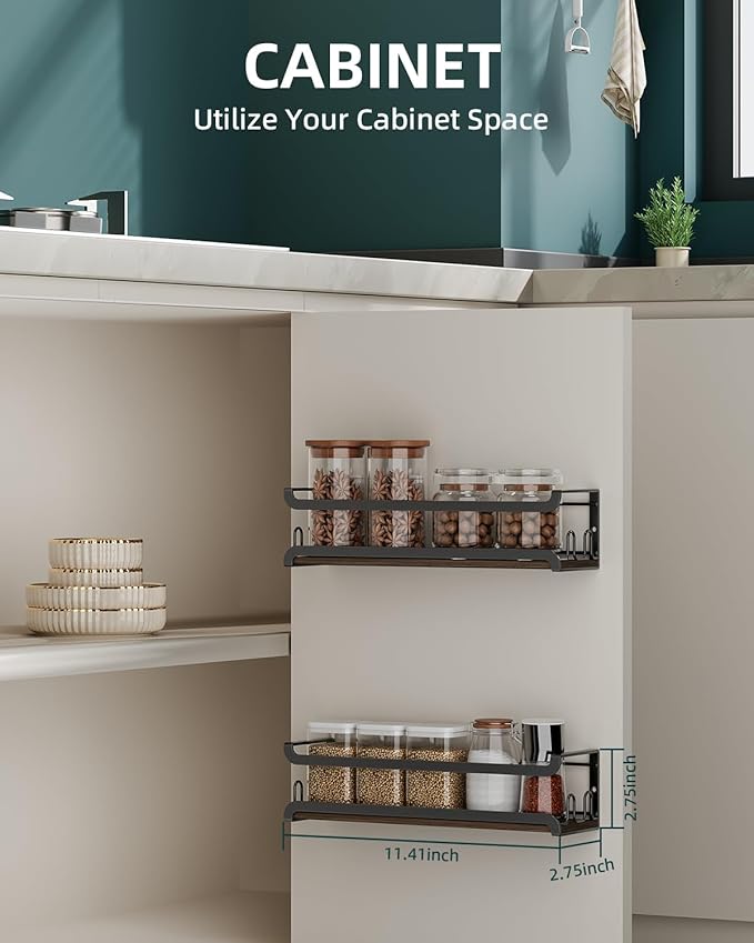 Doakhirmit Wall Mounted Spice Rack with 16 Hooks, Rustic Wood Spice Organizer Shelf for Stove Cabinet Pantry Door,Screw or Adhesive Hanging Spice Shelf,Wall Spice Rack in Kitchen and RV,4 Pack