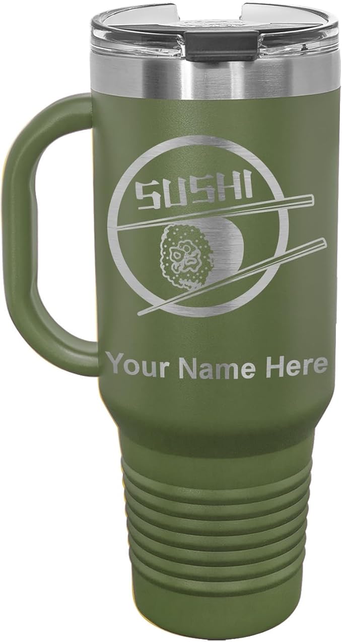LaserGram 40oz Vacuum Insulated Travel Mug with Handle, Sushi, Personalized Engraving Included (Camo Green)