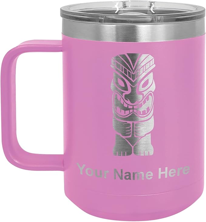 LaserGram 15oz Vacuum Insulated Coffee Mug, Tiki Statue, Personalized Engraving Included (Light Purple)
