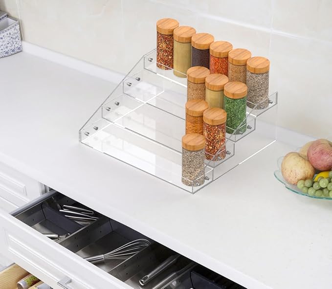 4 Tier Clear Spice Rack Organizer for Cabinet, Acrylic Display Riser Shelf Seasoning Organizer for Countertop Pantry Cupboard, Transparent Storage Holder for Kitchen Condiment Jar Spice Container