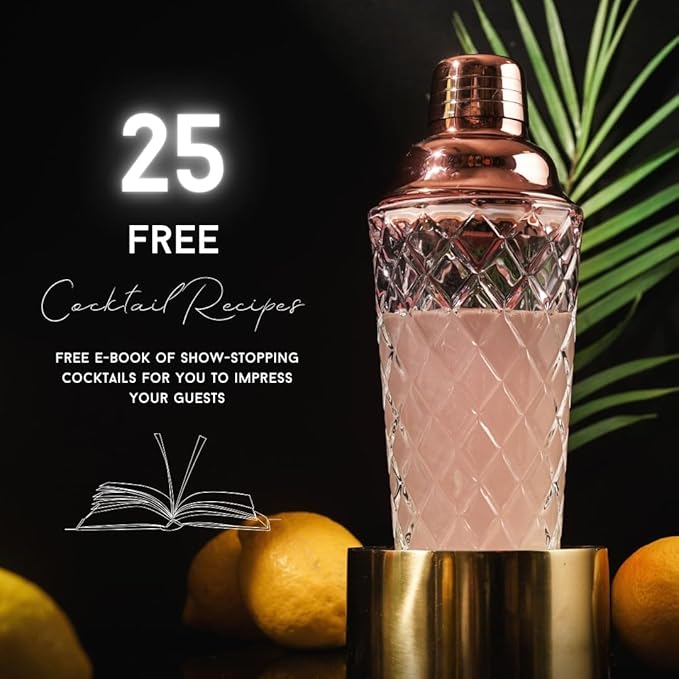 Glass Cocktail Shaker Set - 5 Piece - Rose Gold Martini Shaker Set with Strainer, Jigger, Spoon & Muddler - 16 oz Drink Shakers Cocktail - Ideal Gift for Home Bar & Drink Trolley Décor