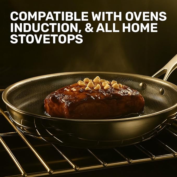 Gotham Steel Hybrid 3pc Stainless Steel Non Stick Frying Pans Set, 8 10 12 inch Ceramic Frying Pan Skillet Set, Induction Ready, Made without PFAS & PFOA, Oven and Dishwasher Safe - Black