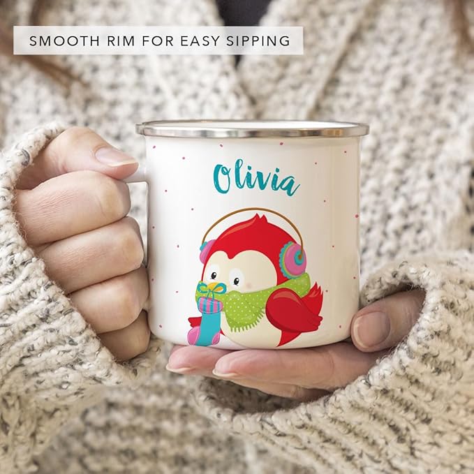 Andaz Press Personalized Name 11oz. Kids Christmas Hot Chocolate Stainless Steel Campfire Coffee Mug, Festive Red Owl, 1-Pack, Custom Child’s Birthday Xmas Cup