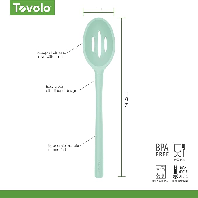 Tovolo Flex-Core Non-Stick All Silicone Slotted Deep Spoon Kitchen Utensil for Scooping and Serving – Heat-Resistant, Dishwasher Safe & BPA Free - Aqua