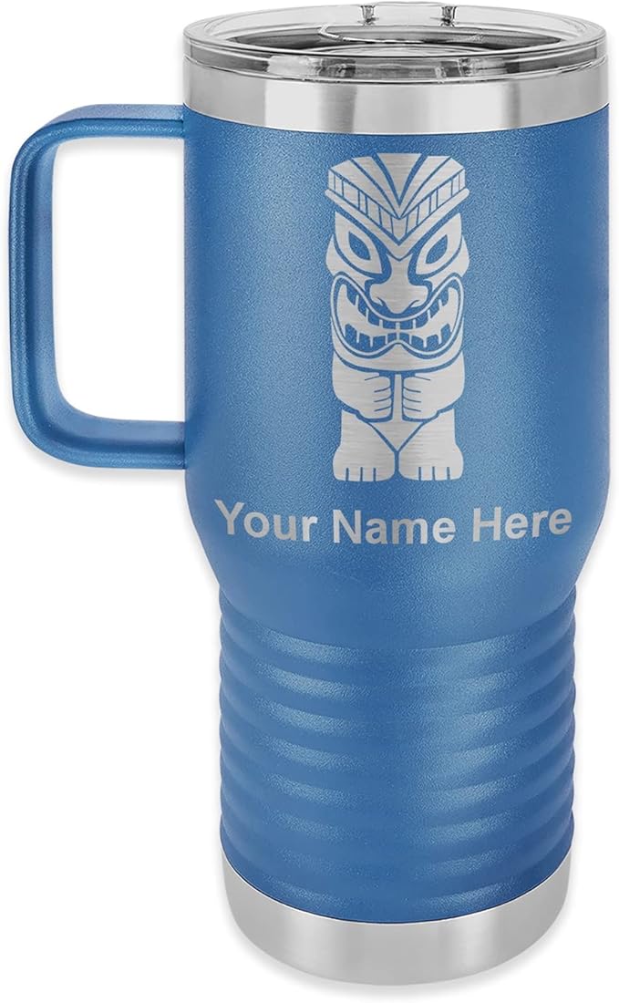LaserGram 20oz Vacuum Insulated Travel Mug with Handle, Tiki Statue, Personalized Engraving Included (Dark Blue)