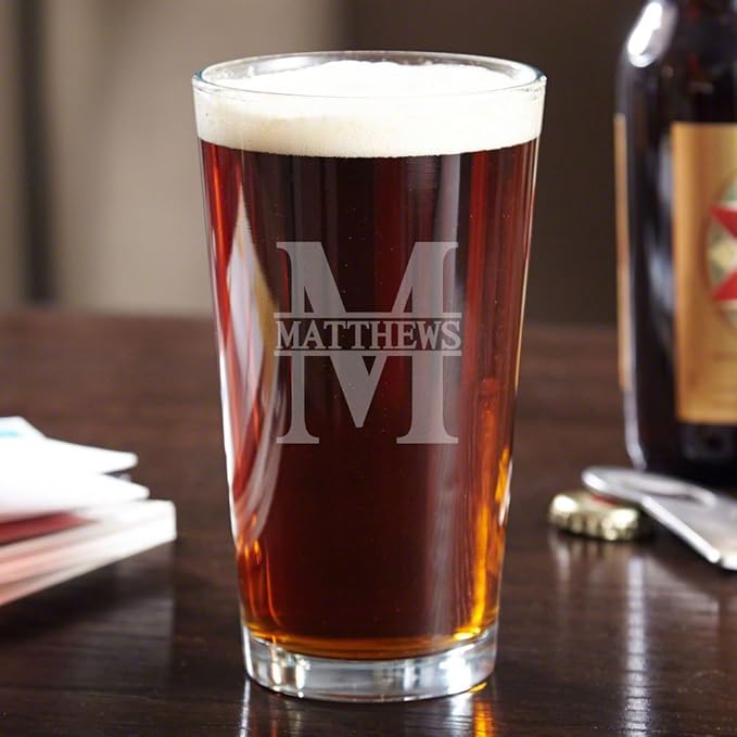 HomeWetBar Custom Beer Pint Glass - Monogram Beer Glassess, Personalized Drinking Glass, Ales, and Cold Brews