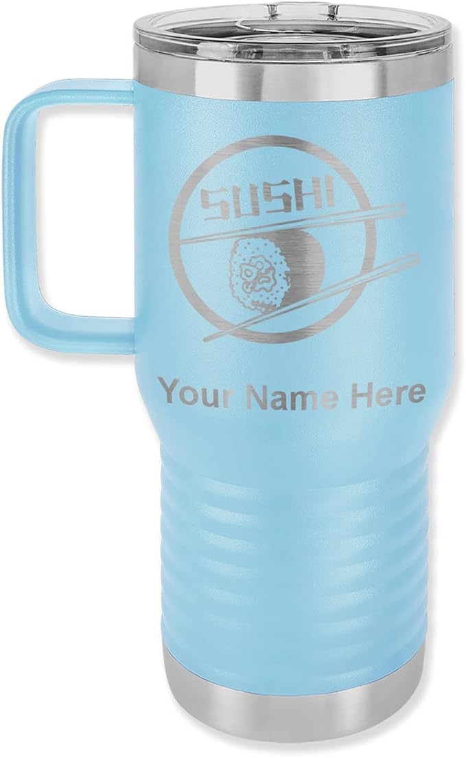LaserGram 20oz Vacuum Insulated Travel Mug with Handle, Sushi, Personalized Engraving Included (Light Blue)