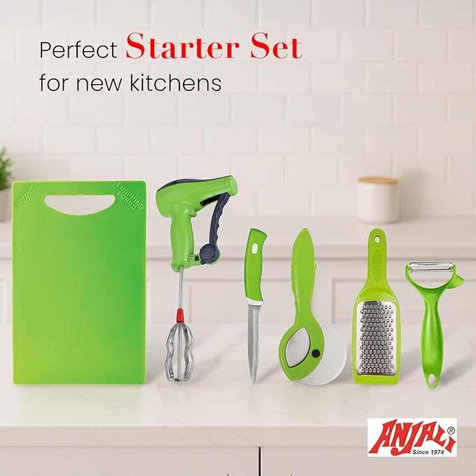 Anjali 6-Piece Multipurpose Kitchen Tool Set – Chopping Board, Cheese Grater, Peeler, 9.4" Utility Knife, Pizza Cutter & Manual Hand Blender | All-in-One Food Prep Kit for Home Kitchen