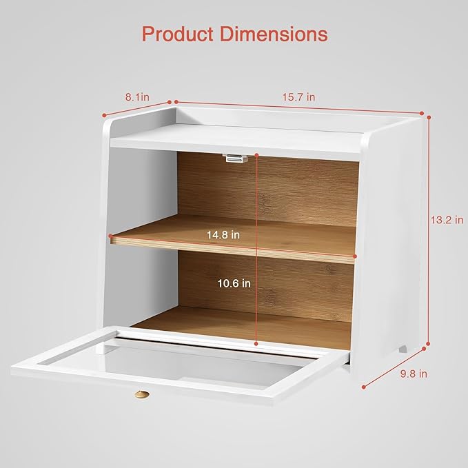White Double Layer Bread Box for Kitchen Countertop, 2 Tier Counter Breadbox for Homemade Bread, Large Bread Storage Container Holder Keeper for Sourdough Loaf Storage (Bamboo Wood)