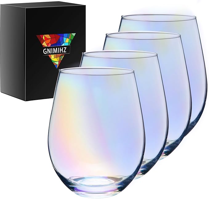 Iridescent Stemless Wine Glasses for Red or White Wine (Set of 4), 18-Ounces, Large Wine Glasses for Cabernet, Pinot Noir, Burgundy, Bordeaux