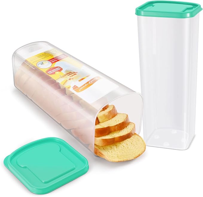 Flexzion 2 Pack Airtight Bread Containers - Clear BPA-Free Storage Box for Kitchen Countertop, Space-Saving & Durable Plastic Loaf Container & Dispenser, Green