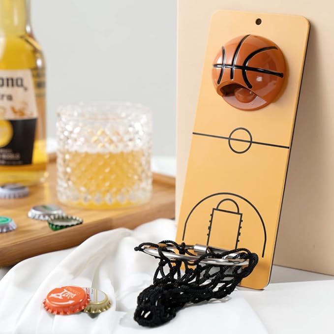 Arola Magnetic Basketball Bottle Opener, Removable Metal Wall Mounted Opener with Cap Catcher Collector, Gift for Basketball、Beer Lovers and Men, Use as Kitchen-Yard-Bar Decoration