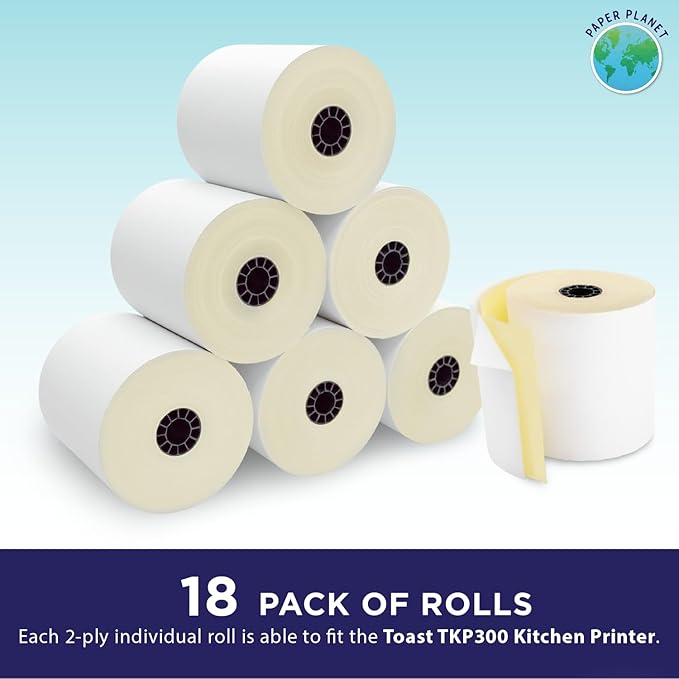 2-Ply White/Yellow Carbonless Paper for Toast Kitchen Printer by Paper Planet | 18 Rolls | TKP300 SNBC BTP-M300
