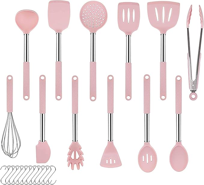 Rorence Kitchen Utensil Cooking Utensil Set for Baking Mixing: 12 Pieces Kitchen Gadgets Non-Stick & Heat Resistance Silicon and Stainless Steel Handles (Utensil Holder Not Included) - Pink