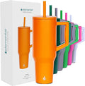 Elemental 40 oz Tumbler with Handle and Straw - Spill Proof Insulated Stainless Steel Commuter for Hot and Cold Beverages - Travel Coffee Mug with 2 Straws & Spill Proof Lid - 40oz - Orange