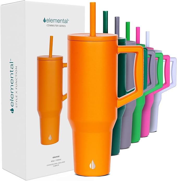 Elemental 40 oz Tumbler with Handle and Straw - Spill Proof Insulated Stainless Steel Commuter for Hot and Cold Beverages - Travel Coffee Mug with 2 Straws & Spill Proof Lid - 40oz - Orange