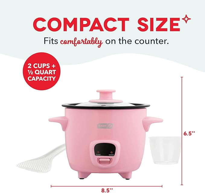 DASH Mini Rice Cooker Steamer with Removable Nonstick Pot, Keep Warm Function & Recipe Guide, Half Quart, for Soups, Stews, Grains & Oatmeal - Pink