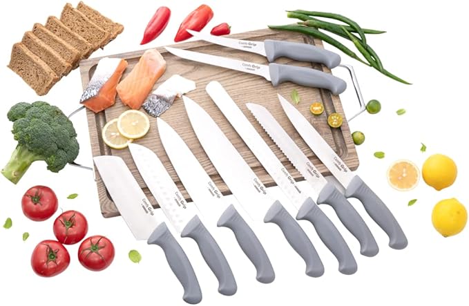 Restaurantware Comfy Grip 9-Piece Knife Set 1 Sharp Knife Set - Ergonomic Handle Non-Slip Grip Gray Stainless Steel Kitchen Knife Set Dishwashable Chop Slice Or Dice Ingredients