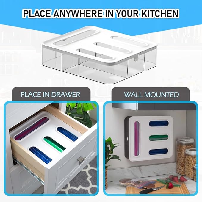 FALAH Food Storage Bag Organizer, 4 in 1 Plastic Bag Organizers for Kitchen Storage, Baggie Organizer for Drawer with Removable Labels, Gallon, Quart, Sandwich (White)