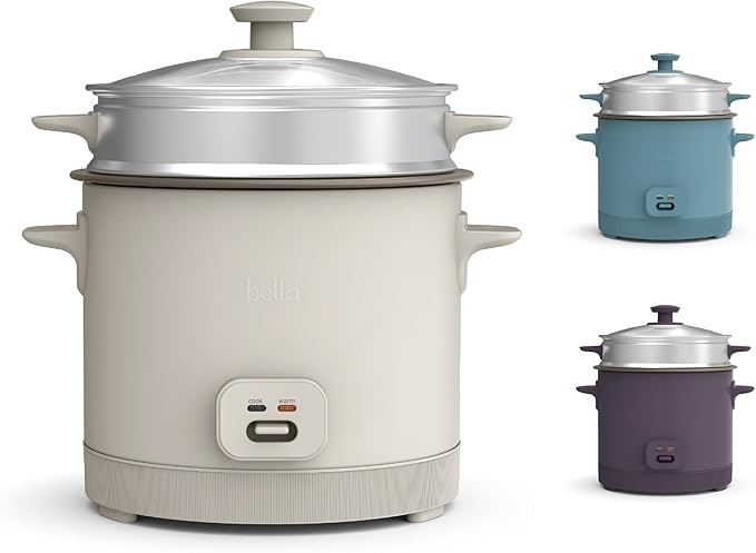 bella 16 Cup Rice Cooker with Steamer, Dishwasher Safe Steaming Basket, Rice Paddle and Measuring Cup, Removable Nonstick Cooking Bowl, Automatic Keep Warm Function, 400 Watt, Oatmilk