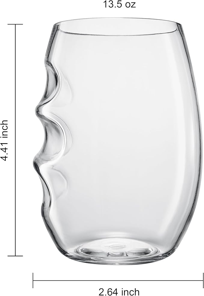 Unbreakable European Plastic Crystal, Stemless Wine Glasses | Set of 4, 13.5 OZ | Acrylic Tritan Set with 3-Finger Indentations - Clear Short Tumbler Set, BPA Free, Reusable, Naturally Aerates Wine