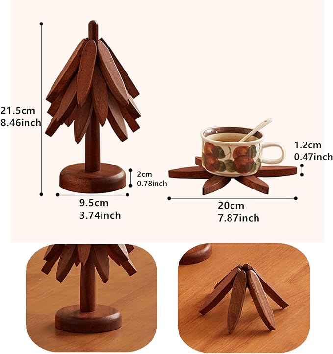 Wooden Trivets for Hot Dishes,Tree Shape Trivet Set,Placemat Solid Wood Table Mat for Hot Pots,Pans 5 Layers+1 Stand Heat Insulation Ornament Christmas Decorations DIY Xmas Gift