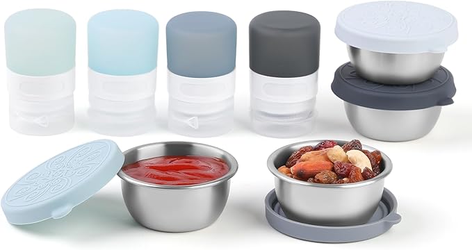 8-Pack Salad Dressing Container To Go, 1-oz Silicone Small Condiment Squeeze Bottles and 1.6 oz Stainless Steel Sauce Containers Cups, Leakproof Condiment Containers with Lids for Lunch Box