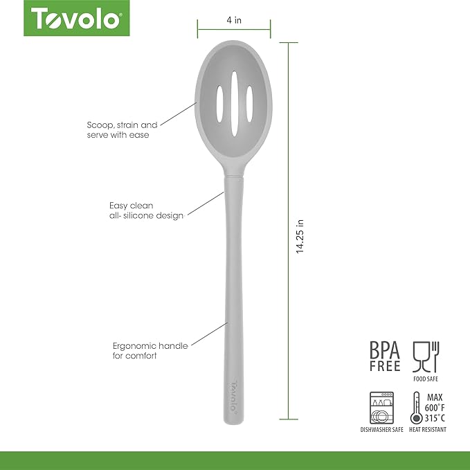 Tovolo Flex-Core Non-Stick All Silicone Slotted Deep Spoon Kitchen Utensil for Scooping and Serving – Heat-Resistant, Dishwasher Safe & BPA Free - Oyster Gray