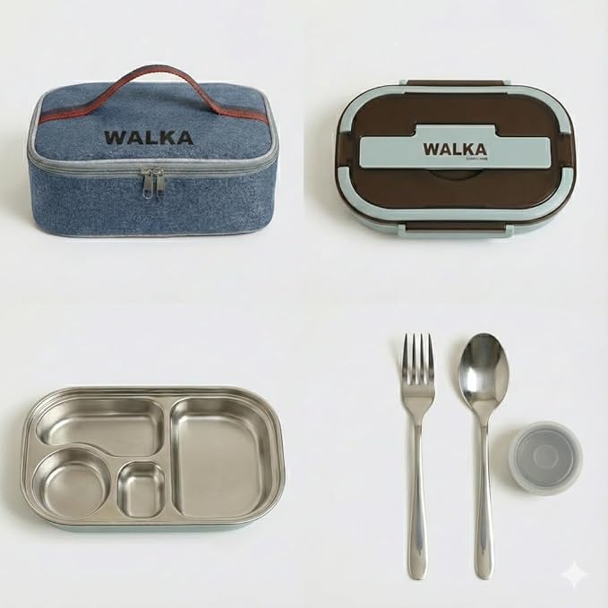 WALKA Lunch Box Stainless Steel, Metal Bento Boxes Leak-Proof, 4 Compartments Bento Lunch Box, Food Storage Containers, Dishwasher Safe with Bag (Blue)