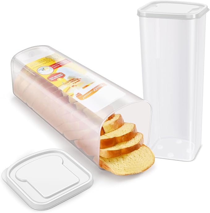 Flexzion 2 Pack Bread Containers Storage Airtight Loaf - Clear Bread Box for Kitchen Countertop BPA-Free Bread Loaf Storage Container Space-Saving & Durable Plastic Bread Container & Dispenser, White