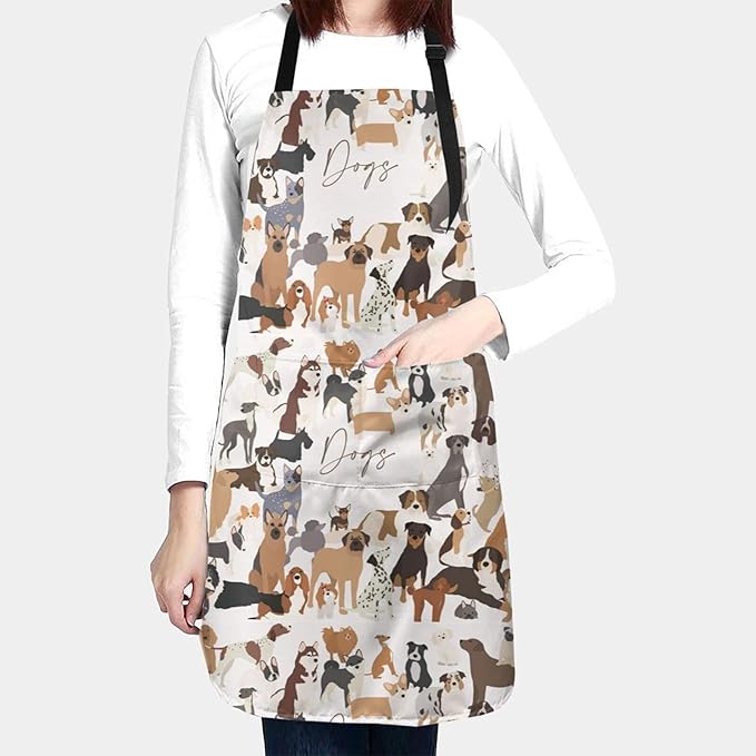 Cat and Dogs Animals Adjustable Bib Neck Chef Aprons, Kitchen Bbq Waterproof Apron with 2 Pockets For Mom Dad